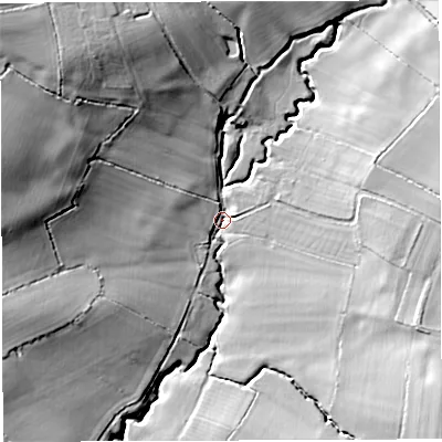 Shaded relief map of the ground around BA227BQ, computed from Environment Agency LiDAR. The ground here sits at about 58 m above sea level and falls 32 m across the surrounding 800 m. Surface water reaching this point runs off ground lying to the north-west, 27.5 m higher.