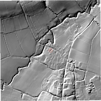 Shaded relief map of the ground around BA227DB, computed from Environment Agency LiDAR. The ground here sits at about 54 m above sea level and falls 30 m across the surrounding 800 m. Surface water reaching this point runs off ground lying to the south-east, 23.7 m higher.