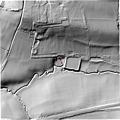 Shaded relief map of the ground around BA227DT, computed from Environment Agency LiDAR. The ground here sits at about 52 m above sea level and falls 30 m across the surrounding 800 m. Surface water reaching this point runs off ground lying to the north, 23.0 m higher.