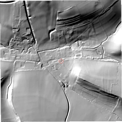 Shaded relief map of the ground around BA227EB, computed from Environment Agency LiDAR. The ground here sits at about 73 m above sea level and falls 45 m across the surrounding 800 m. Surface water reaching this point runs off ground lying to the east-south-east, 19.1 m higher.