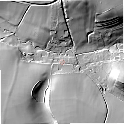 Shaded relief map of the ground around BA227EE, computed from Environment Agency LiDAR. The ground here sits at about 70 m above sea level and falls 47 m across the surrounding 800 m. Surface water reaching this point runs off ground lying to the south-west, 41.5 m higher.