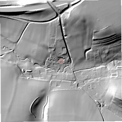 Shaded relief map of the ground around BA227EF, computed from Environment Agency LiDAR. The ground here sits at about 71 m above sea level and falls 49 m across the surrounding 800 m. Surface water reaching this point runs off ground lying to the north, 24.2 m higher.