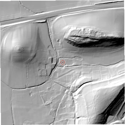 Shaded relief map of the ground around BA227EL, computed from Environment Agency LiDAR. The ground here sits at about 60 m above sea level and falls 54 m across the surrounding 800 m. Surface water reaching this point runs off ground lying to the south-east, 51.0 m higher.