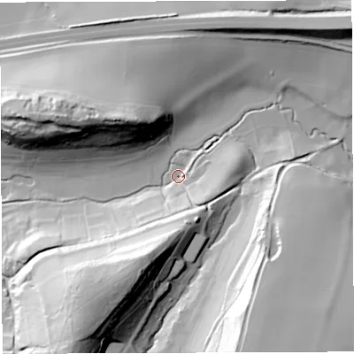 Shaded relief map of the ground around BA227EQ, computed from Environment Agency LiDAR. The ground here sits at about 62 m above sea level and falls 51 m across the surrounding 800 m. Surface water reaching this point runs off ground lying to the south-south-east, 48.4 m higher.