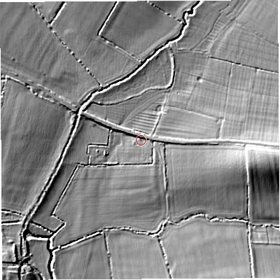 Shaded relief map of the ground around BA227JR, computed from Environment Agency LiDAR. The ground here sits at about 39 m above sea level and falls 14 m across the surrounding 800 m. Surface water reaching this point runs off ground lying to the east, 10.2 m higher.