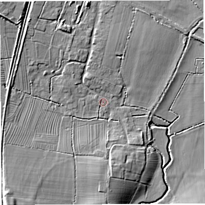 Shaded relief map of the ground around BA227JZ, computed from Environment Agency LiDAR. The ground here sits at about 39 m above sea level and falls 15 m across the surrounding 800 m. Surface water reaching this point runs off ground lying to the north-north-west, 3.5 m higher.