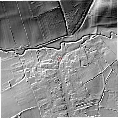 Shaded relief map of the ground around BA227NH, computed from Environment Agency LiDAR. The ground here sits at about 31 m above sea level and falls 28 m across the surrounding 800 m. Surface water reaching this point runs off ground lying to the south, 7.3 m higher.