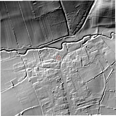 Shaded relief map of the ground around BA227NU, computed from Environment Agency LiDAR. The ground here sits at about 31 m above sea level and falls 27 m across the surrounding 800 m. Surface water reaching this point runs off ground lying to the south-west, 2.4 m higher.