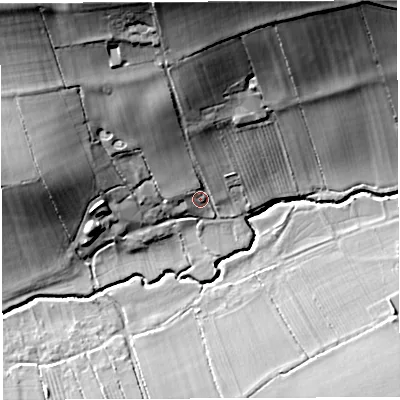 Shaded relief map of the ground around BA227PB, computed from Environment Agency LiDAR. The ground here sits at about 32 m above sea level and falls 38 m across the surrounding 800 m. Surface water reaching this point runs off ground lying to the north, 32.5 m higher.