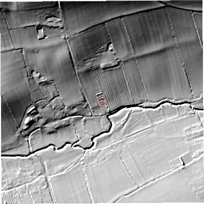 Shaded relief map of the ground around BA227PD, computed from Environment Agency LiDAR. The ground here sits at about 31 m above sea level and falls 40 m across the surrounding 800 m. Surface water reaching this point runs off ground lying to the north-north-west, 16.8 m higher.