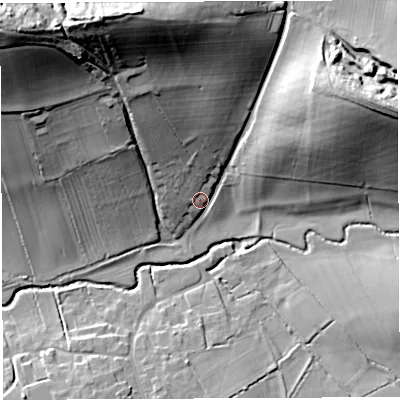 Shaded relief map of the ground around BA227PE, computed from Environment Agency LiDAR. The ground here sits at about 35 m above sea level and falls 53 m across the surrounding 800 m. Surface water reaching this point runs off ground lying to the north-north-west, 43.7 m higher.