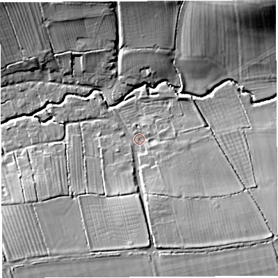 Shaded relief map of the ground around BA227QB, computed from Environment Agency LiDAR. The ground here sits at about 26 m above sea level and falls 23 m across the surrounding 800 m. Surface water reaching this point runs off ground lying to the south, 7.8 m higher.