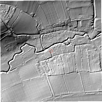 Shaded relief map of the ground around BA227QD, computed from Environment Agency LiDAR. The ground here sits at about 25 m above sea level and falls 21 m across the surrounding 800 m. Surface water reaching this point runs off ground lying to the south-south-east, 7.9 m higher.