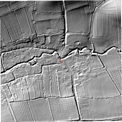 Shaded relief map of the ground around BA227QE, computed from Environment Agency LiDAR. The ground here sits at about 25 m above sea level and falls 22 m across the surrounding 800 m. Surface water reaching this point runs off ground lying to the north-east, 20.7 m higher.