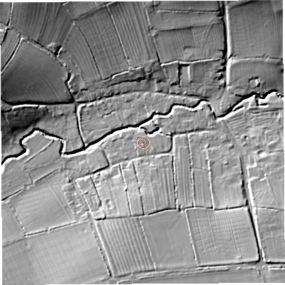Shaded relief map of the ground around BA227QF, computed from Environment Agency LiDAR. The ground here sits at about 25 m above sea level and falls 18 m across the surrounding 800 m. Surface water reaching this point runs off ground lying to the south-south-east, 1.5 m higher.