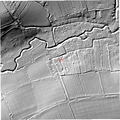 Shaded relief map of the ground around BA227QG, computed from Environment Agency LiDAR. The ground here sits at about 26 m above sea level and falls 22 m across the surrounding 800 m. Surface water reaching this point runs off ground lying to the south-east, 5.4 m higher.