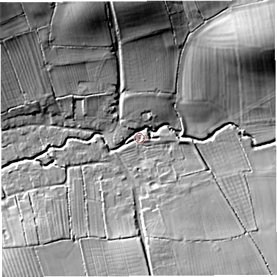 Shaded relief map of the ground around BA227QL, computed from Environment Agency LiDAR. The ground here sits at about 25 m above sea level and falls 24 m across the surrounding 800 m. Surface water reaching this point runs off ground lying to the north-east, 22.7 m higher.