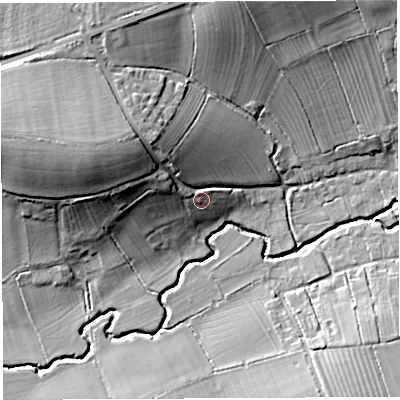Shaded relief map of the ground around BA227QP, computed from Environment Agency LiDAR. The ground here sits at about 29 m above sea level and falls 24 m across the surrounding 800 m. Surface water reaching this point runs off ground lying to the west-north-west, 15.3 m higher.