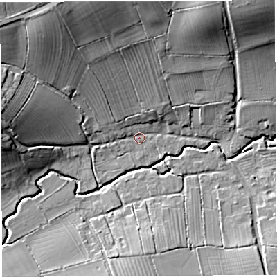 Shaded relief map of the ground around BA227QW, computed from Environment Agency LiDAR. The ground here sits at about 25 m above sea level and falls 24 m across the surrounding 800 m. Surface water reaching this point runs off ground lying to the north-north-west, 20.5 m higher.