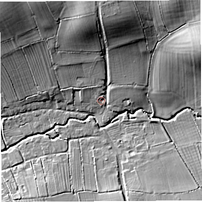 Shaded relief map of the ground around BA227QX, computed from Environment Agency LiDAR. The ground here sits at about 26 m above sea level and falls 24 m across the surrounding 800 m. Surface water reaching this point runs off ground lying to the north, 20.7 m higher.