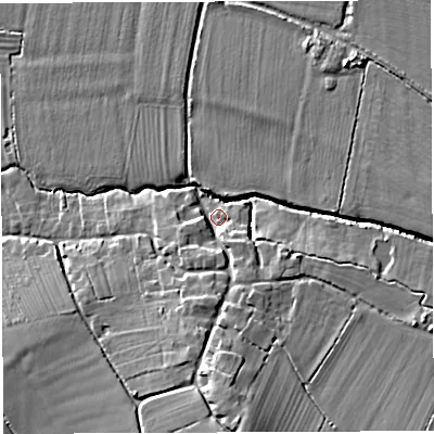 Shaded relief map of the ground around BA228AB, computed from Environment Agency LiDAR. The ground here sits at about 38 m above sea level and falls 16 m across the surrounding 800 m. Surface water reaching this point runs off ground lying to the south, 12.9 m higher.