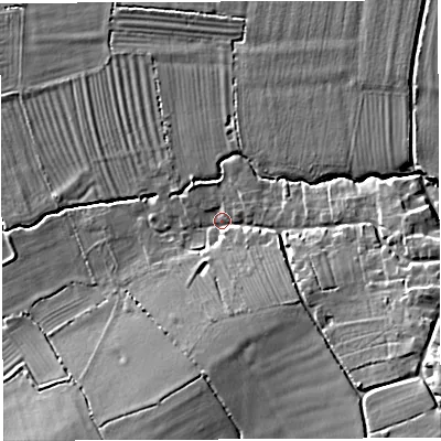 Shaded relief map of the ground around BA228AS, computed from Environment Agency LiDAR. The ground here sits at about 35 m above sea level and falls 17 m across the surrounding 800 m. Surface water reaching this point runs off ground lying to the south-east, 14.1 m higher.