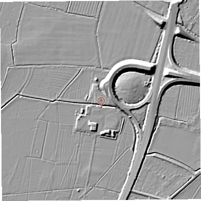Shaded relief map of the ground around BA228AU, computed from Environment Agency LiDAR. The ground here sits at about 12 m above sea level and falls 10 m across the surrounding 800 m. Surface water reaching this point runs off ground lying to the north-north-east, 6.9 m higher.