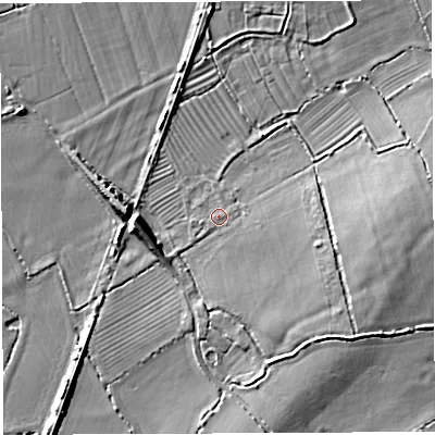 Shaded relief map of the ground around BA228AX, computed from Environment Agency LiDAR. The ground here sits at about 31 m above sea level and falls 12 m across the surrounding 800 m. Surface water reaching this point runs off ground lying to the east-south-east, 1.3 m higher.