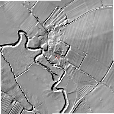 Shaded relief map of the ground around BA228BA, computed from Environment Agency LiDAR. The ground here sits at about 23 m above sea level and falls 10 m across the surrounding 800 m. Surface water reaching this point runs off ground lying to the north-east, 4.0 m higher.