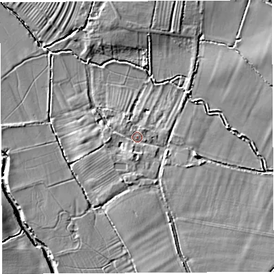 Shaded relief map of the ground around BA228BD, computed from Environment Agency LiDAR. The ground here sits at about 21 m above sea level and falls 8 m across the surrounding 800 m. Surface water reaching this point runs off ground lying to the east-south-east, 2.5 m higher.