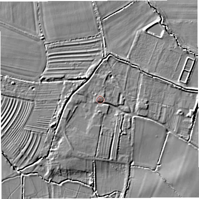 Shaded relief map of the ground around BA228BE, computed from Environment Agency LiDAR. The ground here sits at about 22 m above sea level and falls 7 m across the surrounding 800 m. Surface water reaching this point runs off ground lying to the west-south-west, 1.6 m higher.