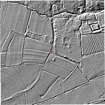 Shaded relief map of the ground around BA228BX, computed from Environment Agency LiDAR. The ground here sits at about 27 m above sea level and falls 7 m across the surrounding 800 m. Surface water reaching this point runs off ground lying to the east, 3.0 m higher.