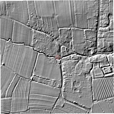 Shaded relief map of the ground around BA228BY, computed from Environment Agency LiDAR. The ground here sits at about 27 m above sea level and falls 8 m across the surrounding 800 m. Surface water reaching this point runs off ground lying to the north-east, 7.1 m higher.