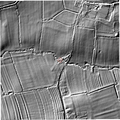 Shaded relief map of the ground around BA228DA, computed from Environment Agency LiDAR. The ground here sits at about 27 m above sea level and falls 9 m across the surrounding 800 m. Surface water reaching this point runs off ground lying to the east-north-east, 8.1 m higher.