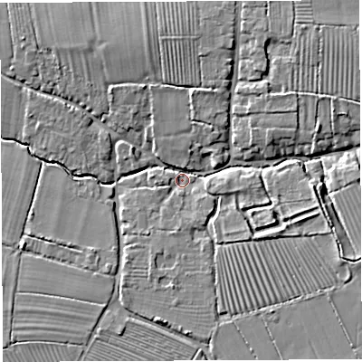 Shaded relief map of the ground around BA228DG, computed from Environment Agency LiDAR. The ground here sits at about 26 m above sea level and falls 8 m across the surrounding 800 m. Surface water reaching this point runs off ground lying to the north-east, 6.6 m higher.