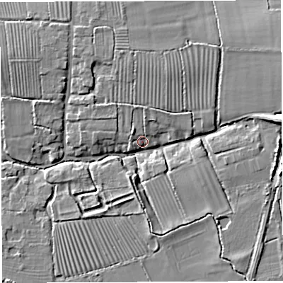 Shaded relief map of the ground around BA228DH, computed from Environment Agency LiDAR. The ground here sits at about 30 m above sea level and falls 11 m across the surrounding 800 m. Surface water reaching this point runs off ground lying to the north, 4.0 m higher.