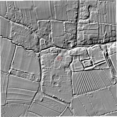 Shaded relief map of the ground around BA228DQ, computed from Environment Agency LiDAR. The ground here sits at about 27 m above sea level and falls 8 m across the surrounding 800 m. Surface water reaching this point runs off ground lying to the south, 1.7 m higher.