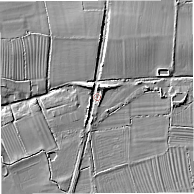 Shaded relief map of the ground around BA228DR, computed from Environment Agency LiDAR. The ground here sits at about 32 m above sea level and falls 10 m across the surrounding 800 m. Surface water reaching this point runs off ground lying to the north, 7.0 m higher.