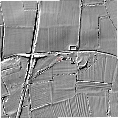 Shaded relief map of the ground around BA228DS, computed from Environment Agency LiDAR. The ground here sits at about 33 m above sea level and falls 9 m across the surrounding 800 m. Surface water reaching this point runs off ground lying to the east-north-east, 2.1 m higher.