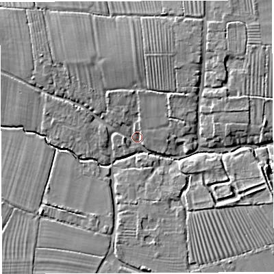 Shaded relief map of the ground around BA228DT, computed from Environment Agency LiDAR. The ground here sits at about 27 m above sea level and falls 8 m across the surrounding 800 m. Surface water reaching this point runs off ground lying to the north-east, 5.0 m higher.