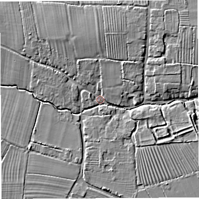 Shaded relief map of the ground around BA228DU, computed from Environment Agency LiDAR. The ground here sits at about 27 m above sea level and falls 8 m across the surrounding 800 m. Surface water reaching this point runs off ground lying to the north-east, 6.8 m higher.
