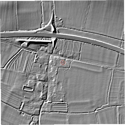 Shaded relief map of the ground around BA228DX, computed from Environment Agency LiDAR. The ground here sits at about 16 m above sea level and falls 8 m across the surrounding 800 m. Surface water reaching this point runs off ground lying to the east-south-east, 1.0 m higher.