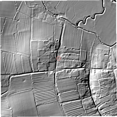 Shaded relief map of the ground around BA228EJ, computed from Environment Agency LiDAR. The ground here sits at about 22 m above sea level and falls 14 m across the surrounding 800 m. Surface water reaching this point runs off ground lying to the west, 5.7 m higher.
