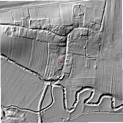 Shaded relief map of the ground around BA228EU, computed from Environment Agency LiDAR. The ground here sits at about 19 m above sea level and falls 12 m across the surrounding 800 m. Surface water reaching this point runs off ground lying to the north-east, 10.1 m higher.