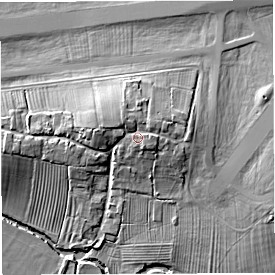 Shaded relief map of the ground around BA228EX, computed from Environment Agency LiDAR. The ground here sits at about 24 m above sea level and falls 12 m across the surrounding 800 m. Surface water reaching this point runs off ground lying to the east, 2.2 m higher.