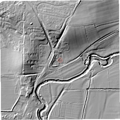 Shaded relief map of the ground around BA228GF, computed from Environment Agency LiDAR. The ground here sits at about 14 m above sea level and falls 16 m across the surrounding 800 m. Surface water reaching this point runs off ground lying to the north-north-east, 8.8 m higher.