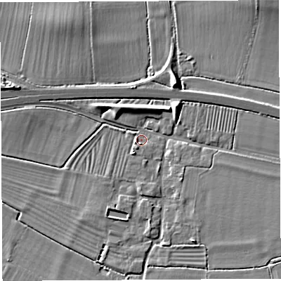 Shaded relief map of the ground around BA228GR, computed from Environment Agency LiDAR. The ground here sits at about 15 m above sea level and falls 8 m across the surrounding 800 m. Surface water reaching this point runs off ground lying to the north-east, 6.9 m higher.