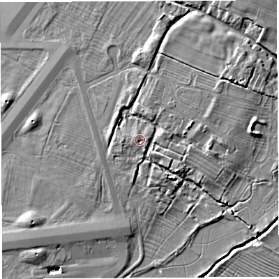 Shaded relief map of the ground around BA228HB, computed from Environment Agency LiDAR. The ground here sits at about 22 m above sea level and falls 5 m across the surrounding 800 m. Surface water reaching this point runs off ground lying to the north-west, 0.7 m higher.