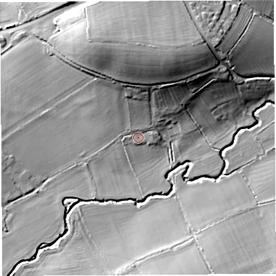 Shaded relief map of the ground around BA228HG, computed from Environment Agency LiDAR. The ground here sits at about 25 m above sea level and falls 25 m across the surrounding 800 m. Surface water reaching this point runs off ground lying to the north, 19.1 m higher.