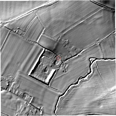 Shaded relief map of the ground around BA228HH, computed from Environment Agency LiDAR. The ground here sits at about 22 m above sea level and falls 22 m across the surrounding 800 m. Surface water reaching this point runs off ground lying to the west-north-west, 5.6 m higher.
